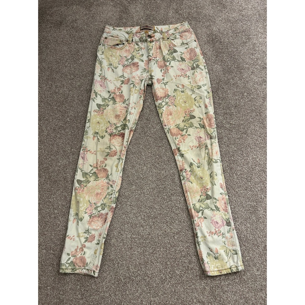 Iris Jeans Floral Denim Pants Womens 11 Cream Pink Rose Print Excellent Slim Fit